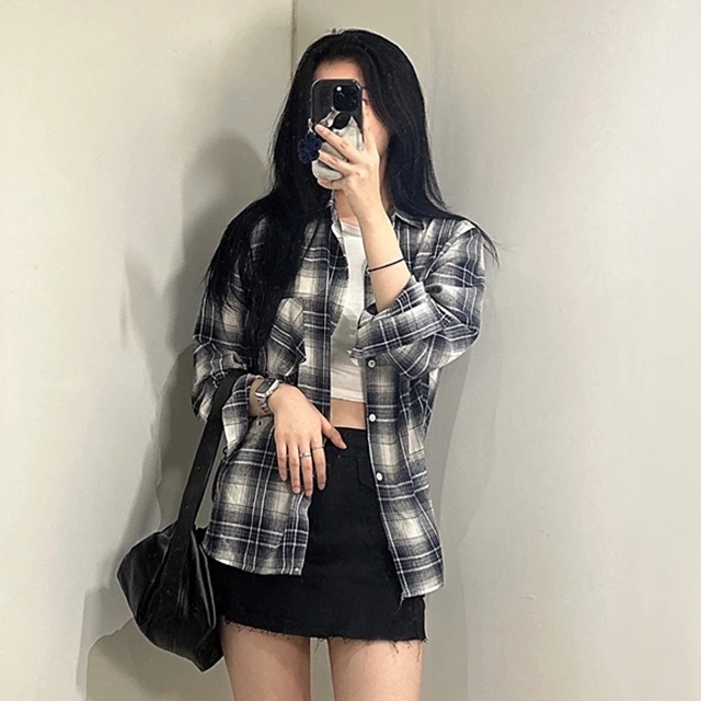 Overfit basic check long-sleeved Southern shirt heating [Unisosed Plaid women's daily women's loose casual season pocket Kara top clothes T43]