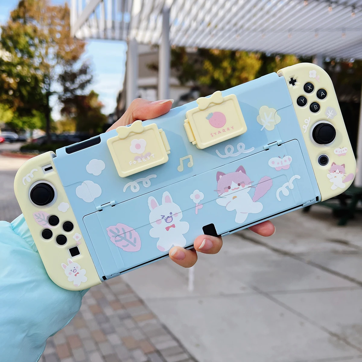 

Starry Forest Bunny cat cute Nintendo Switch Oled case with gamecard storage boxes, kawaii Switch oled shell cover skins