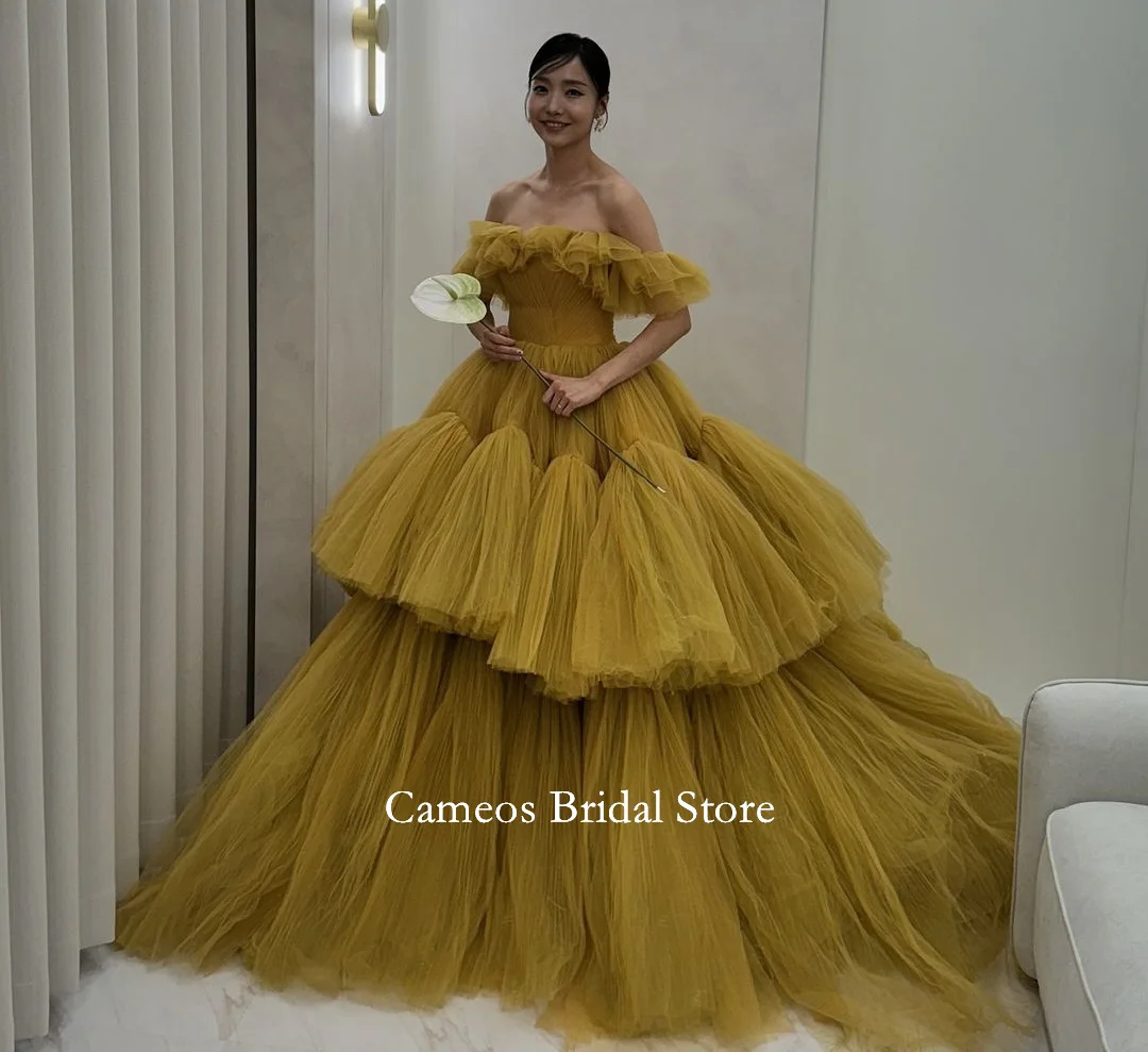 SONDR Off Shoulder Party Korea Evening Dress Customized Formal Prom Dress Tulle Tiered Short Sleeves Evening Gown Bridal