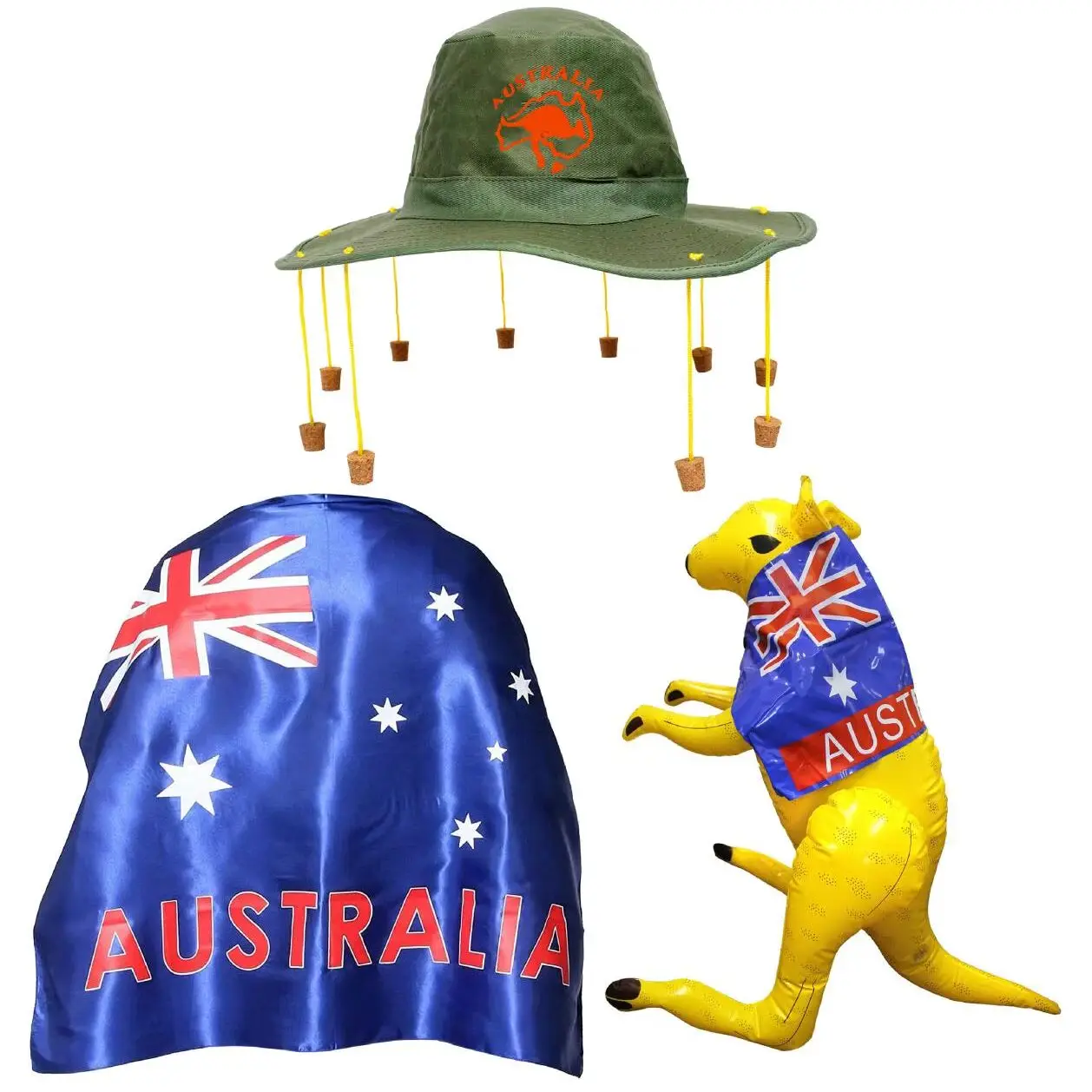 Australia Fancy Dress Set - Australian Flag Cape, Cork Hat & Inflatable Kangaroo - Perfect for Australia Day & Fancy Dress Party