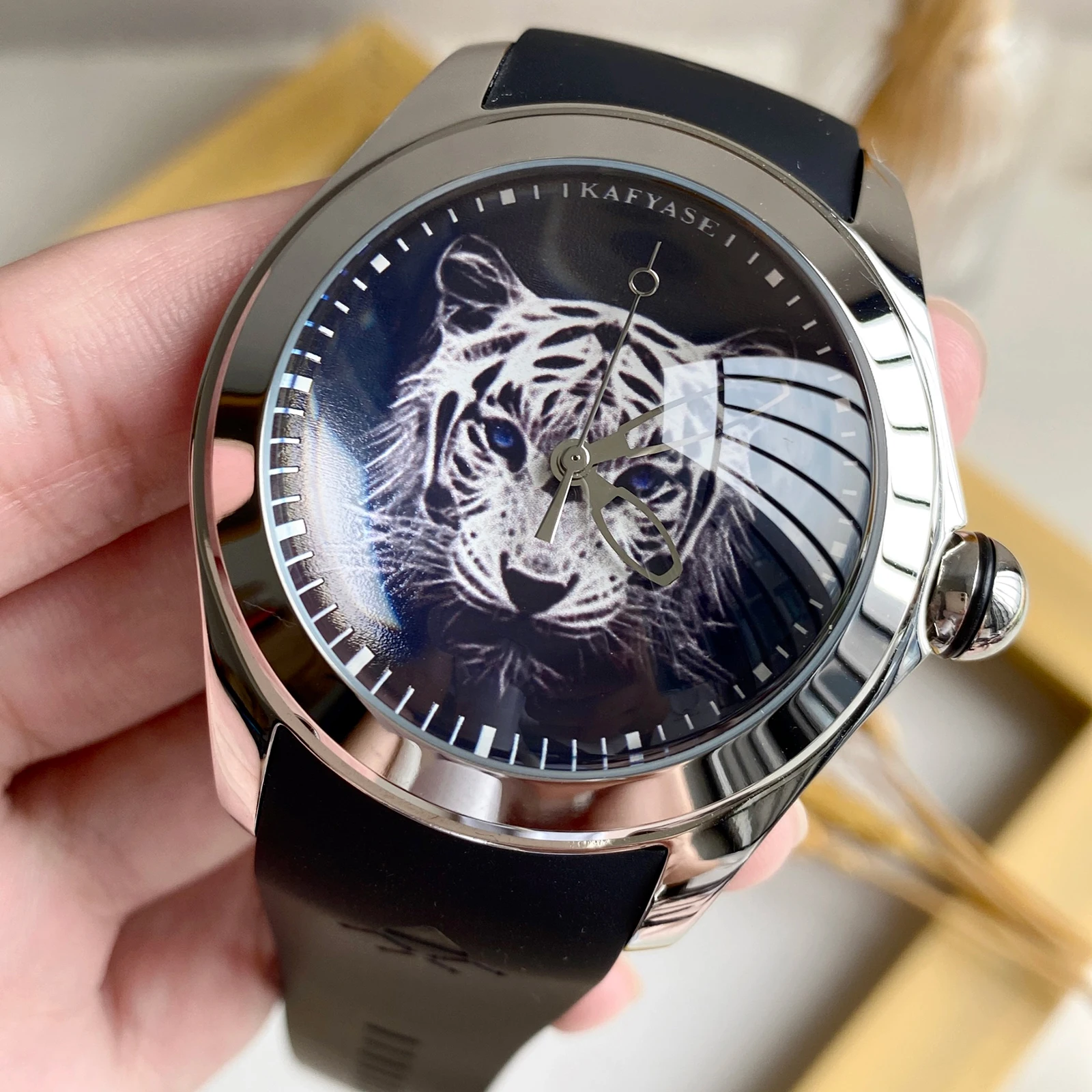 KAFYASE Luxury Earth Ball Dial Rubber Band Automatic Watches Mens Analog Stainless Steel Case Tiger Dial Waterproof Sport Watch