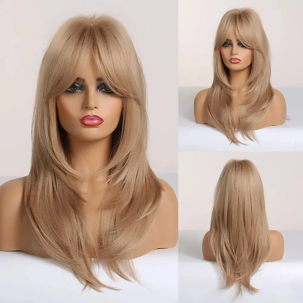 Golden Medium-Length Straight Synthetic Hair Wig with Curled Ends