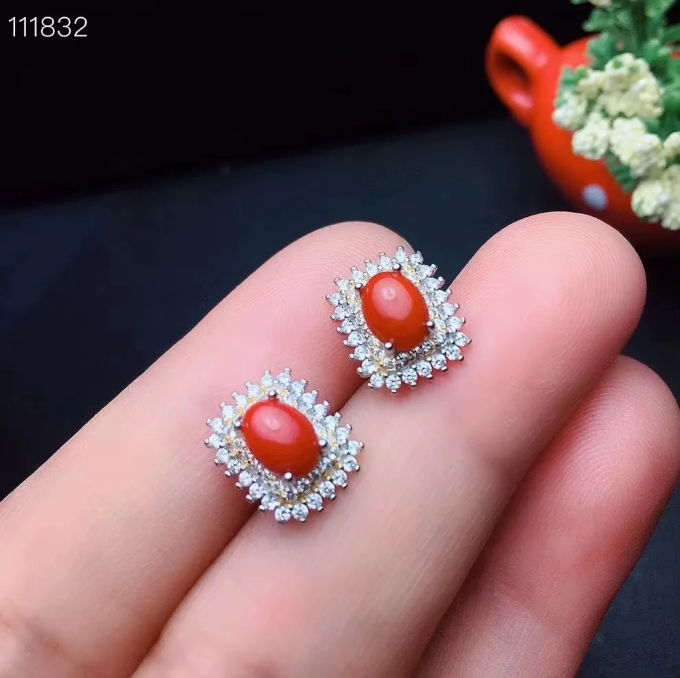 KJJEAXCMY Jewelry Girls' Natural Square Red Coral Gemstone Necklace Pendant Ring Earring Set 925 Pure Silver Plated Platinum view 3