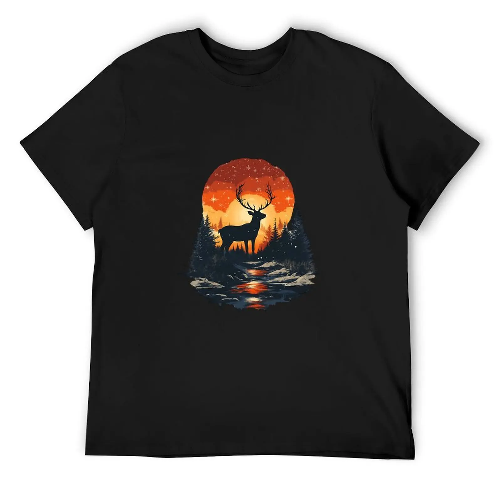 Retro Grunge Buck Deer Crossed Shotgun Hunting Black Tshirt Western Hunter Mens Oversized Basic Tee