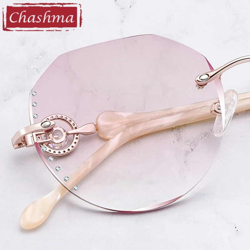 

Chashma Prescription Glasses Women Round Big Fashion Titanium Diamond Trimmed Rimless Spectacles Eyeglasses Frames Tint Lenses