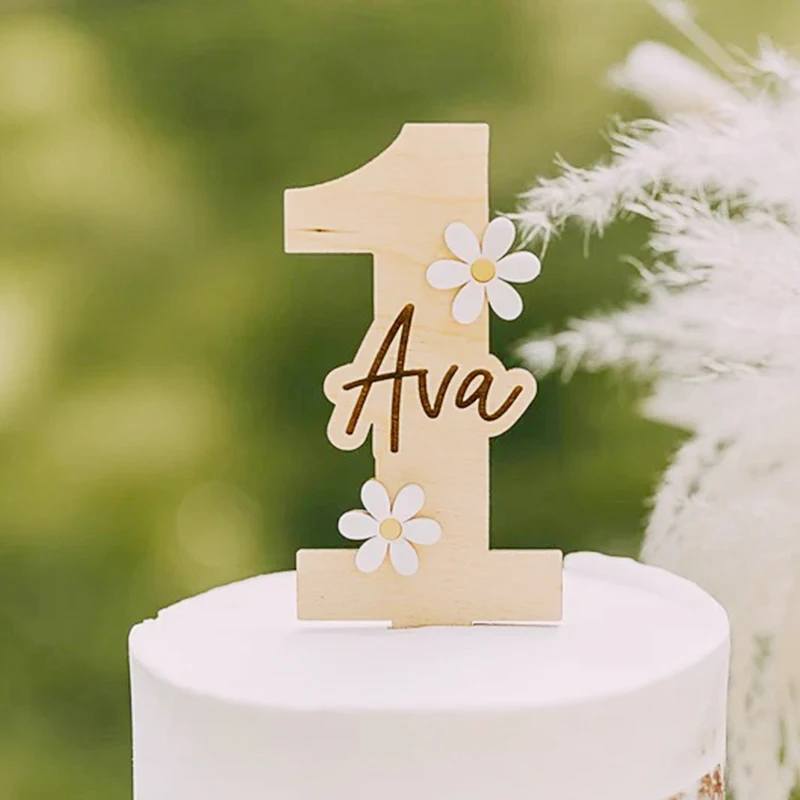 Personalised Happy Birthday Cake Topper Daisy Age & Name Birthday Topper Number Custom Wood  Rustic Cake Toppers