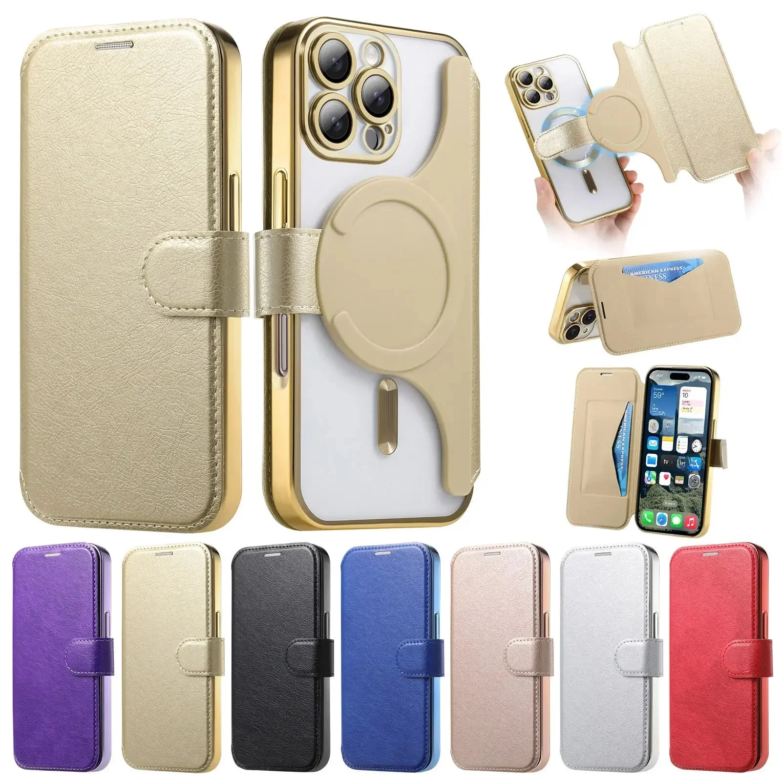 2 w 1 Odpinane karty magnetyczne Solt Portfel Skórzane etui na iPhone'a 16 Pro Max 15 Plus 14 13 12 Flip Bag Ultra Thin Book Cover — zdjęcie produktu 7
