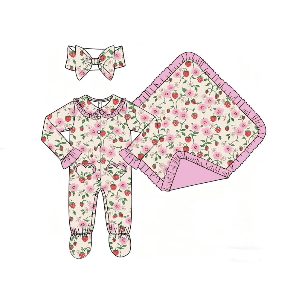 

Boutique girls' blanket and romper lapel ruffle buttons love pocket binding feet fruit flower print Custom patterns wholesale