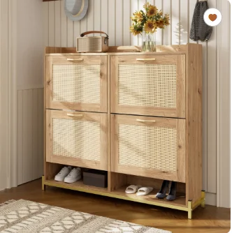 Modern schoenenrek in houtlook – 4-deurs schoenenkast – ruimtebesparende schoenenkast voor entree, hal of gang –