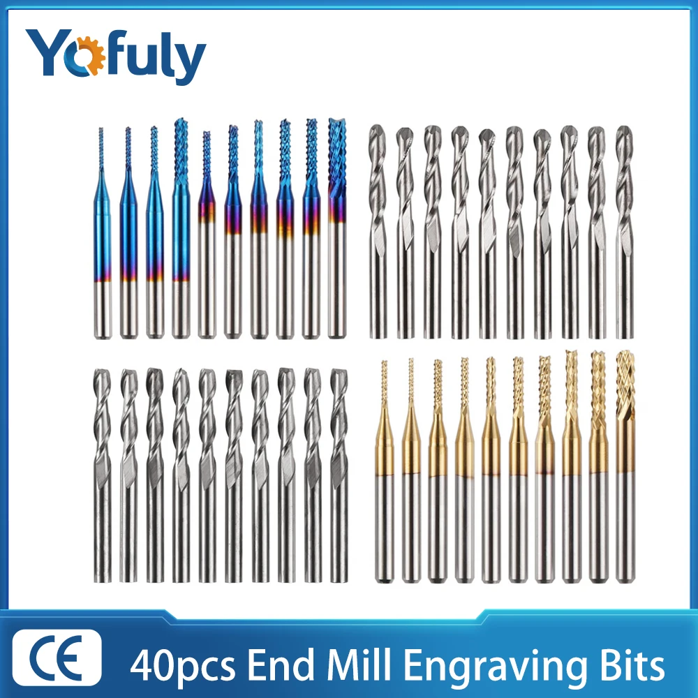 

10/40pcs End Mill Engraving Bits Set CNC Nano Coat Router Bits Ball Nose PCB Cutting Milling Cutter 3.175 Shank Tungsten Steel