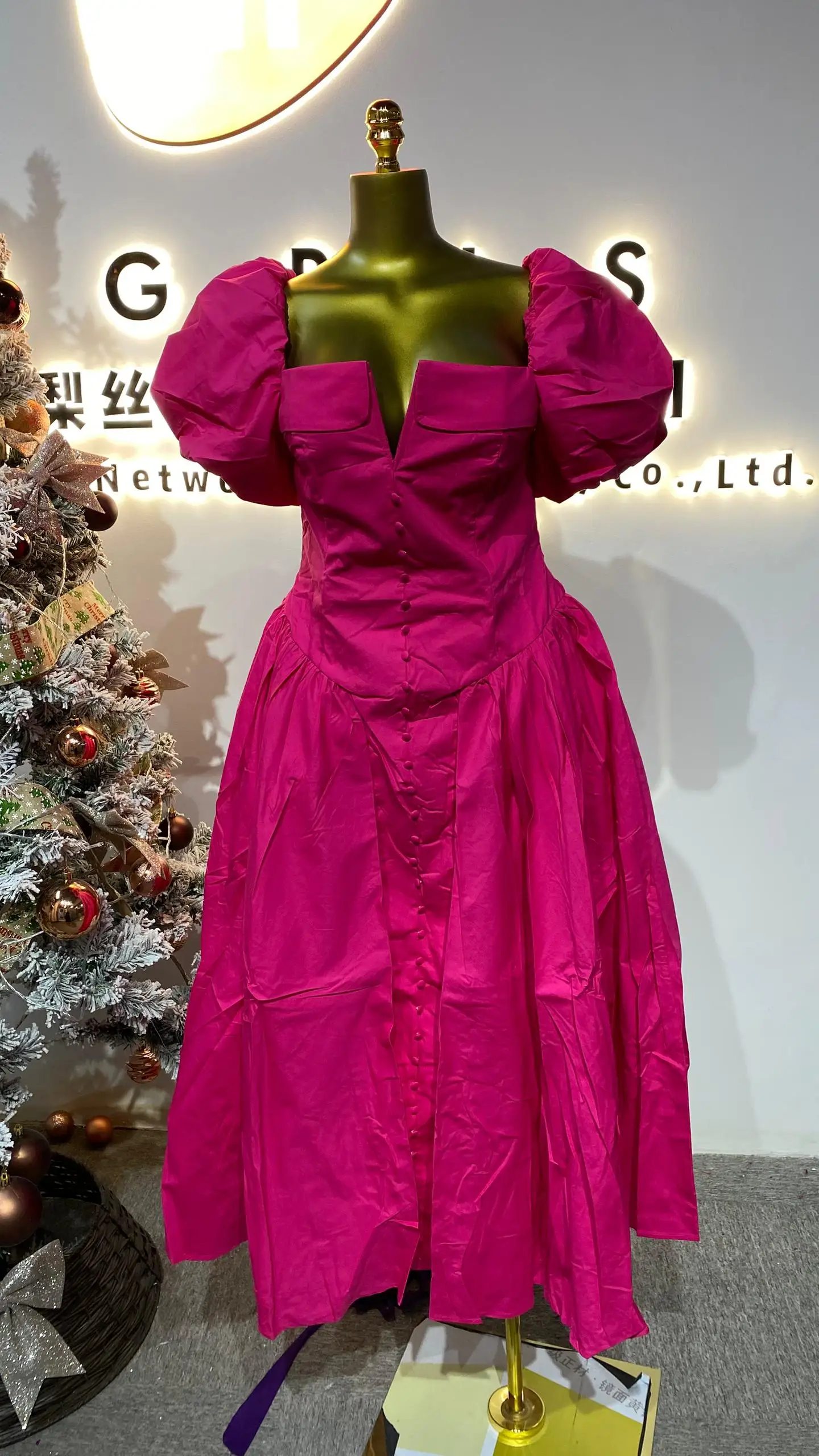 

New high-grade high waist women's French elegant style skirt collarless powder puff sleeve waist slimming dress-GZMM039