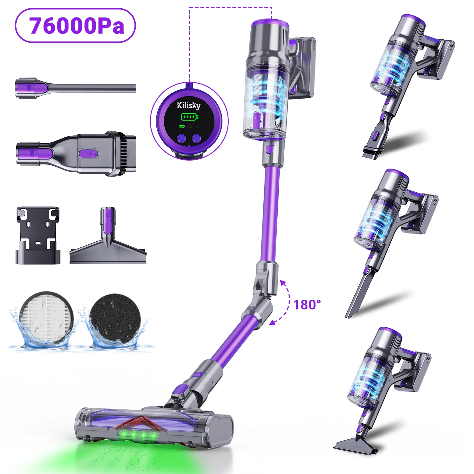 Aspirateur balai sans fil, 76 000 Pa/700 W, écran tactile intelligent, autonomie de 65 min, batterie amovible, violet