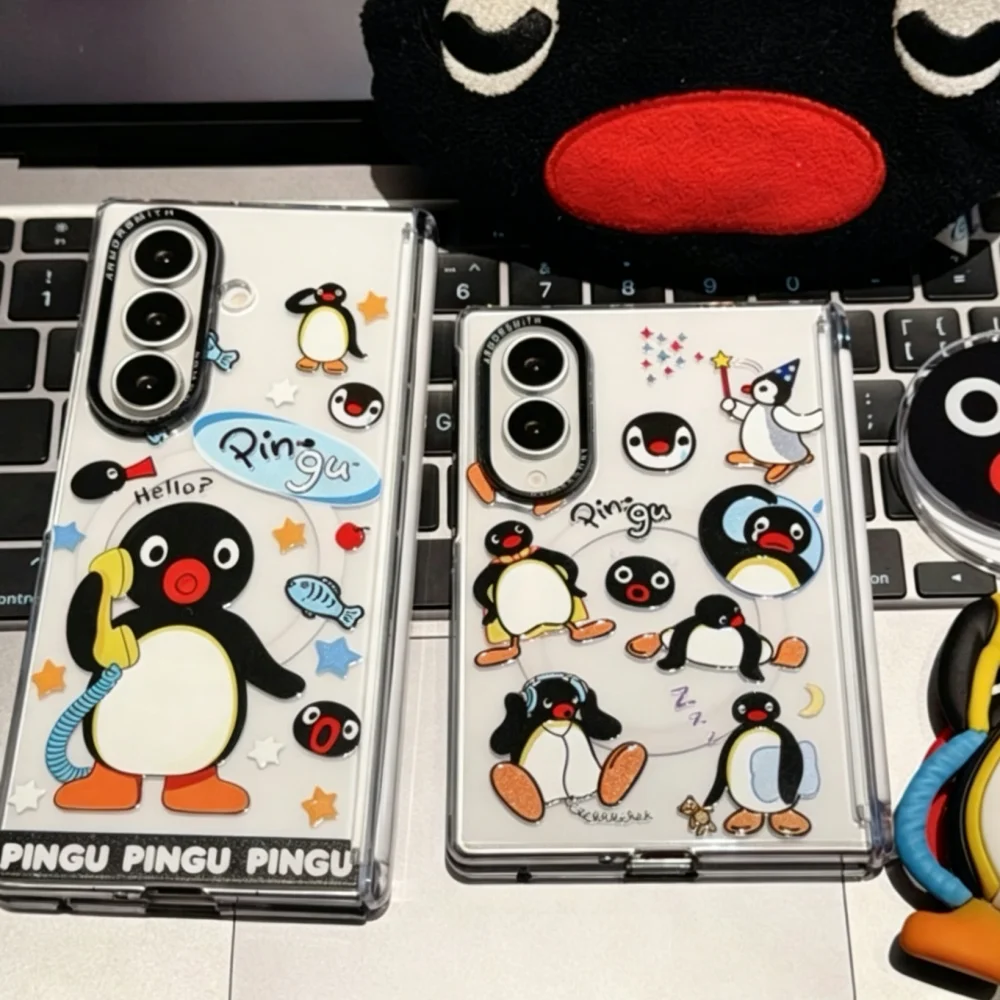 Cute Cartoon Penguin Magnetic Phone Case for Samsung Galaxy Z Fold 8, Fold 8 Ultra Cover with MagSafe Holder Kawaii Anti Dro Set