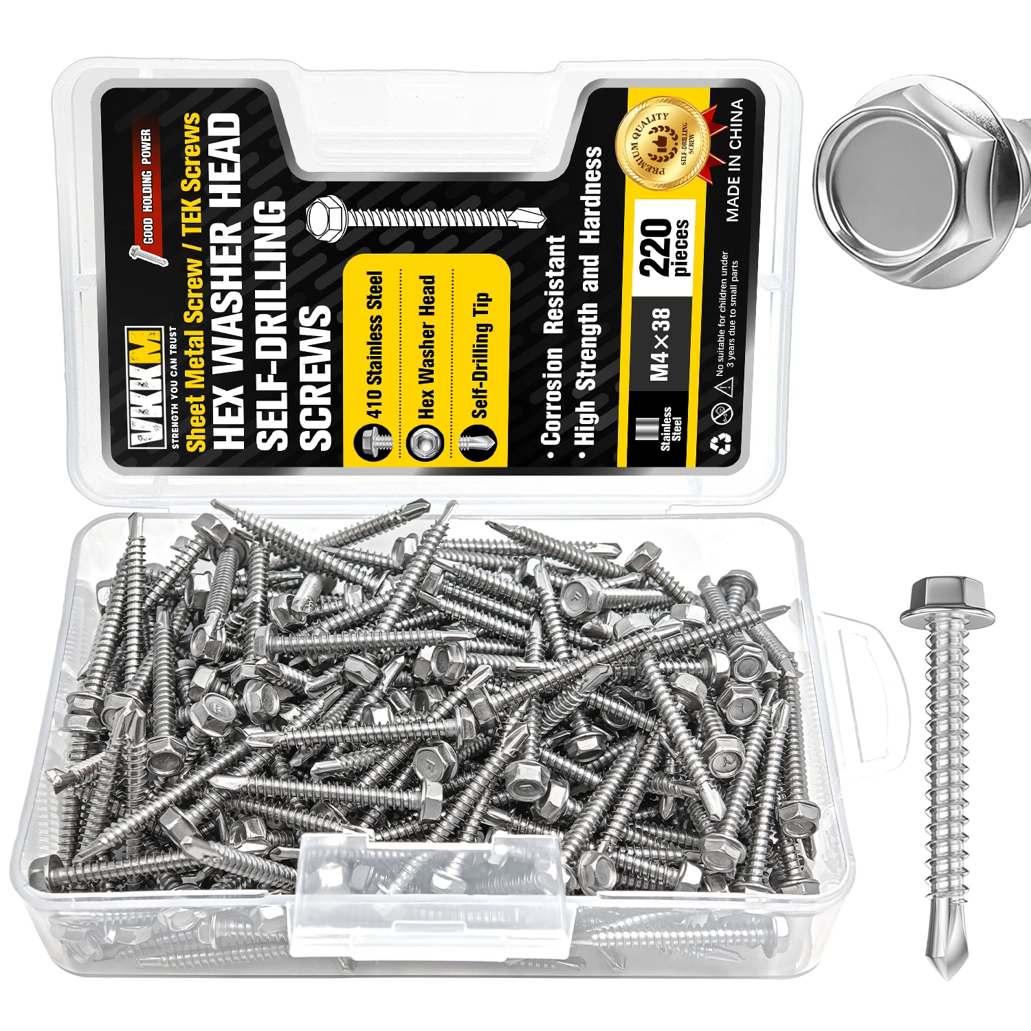 VKKM 220Pcs M4×38 Hex Washer Head Self Drilling Screws, 410 Stainless Steel Tek Sheet Metal Screws, Self-Drilling Tip Heavy Duty Corrosion Resistant Fasteners for Metal, Aluminum, Wood, Roofing Projects