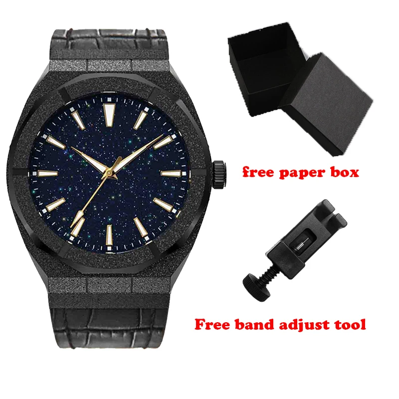 42MM No Logo 5ATM Waterproof Genuine Leather Band Black Paul Rich Quality Luminous Hands Star Dust Dial Frosted Watch