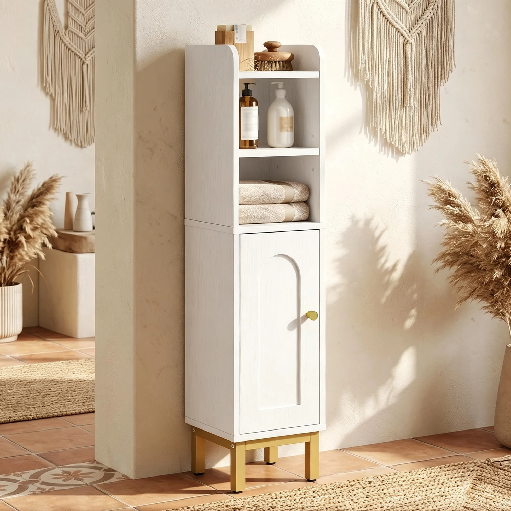 Mobile da bagno stretto, bianco e oro, 20×20×83 cm. Mobile piccolo, con ripiani regolabili, salvaspazio, mobile per il bagno, ideale per piccoli spazi, facile da montare.