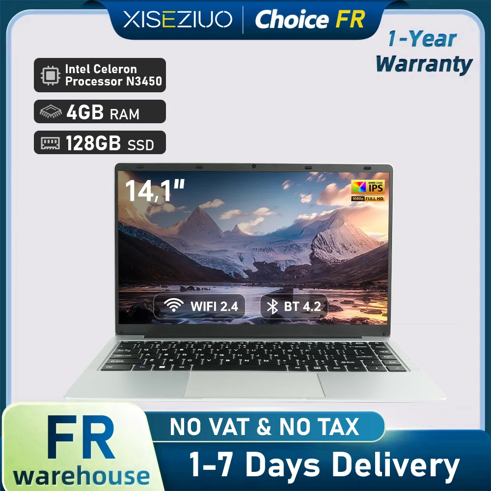 Ordinateur portable 14.1 pouces 4Go RAM 128Go ROM PC portable Windows 10 Intel Celeron Quad Core N3450 CPU WiFi5 Ultra-Fin léger