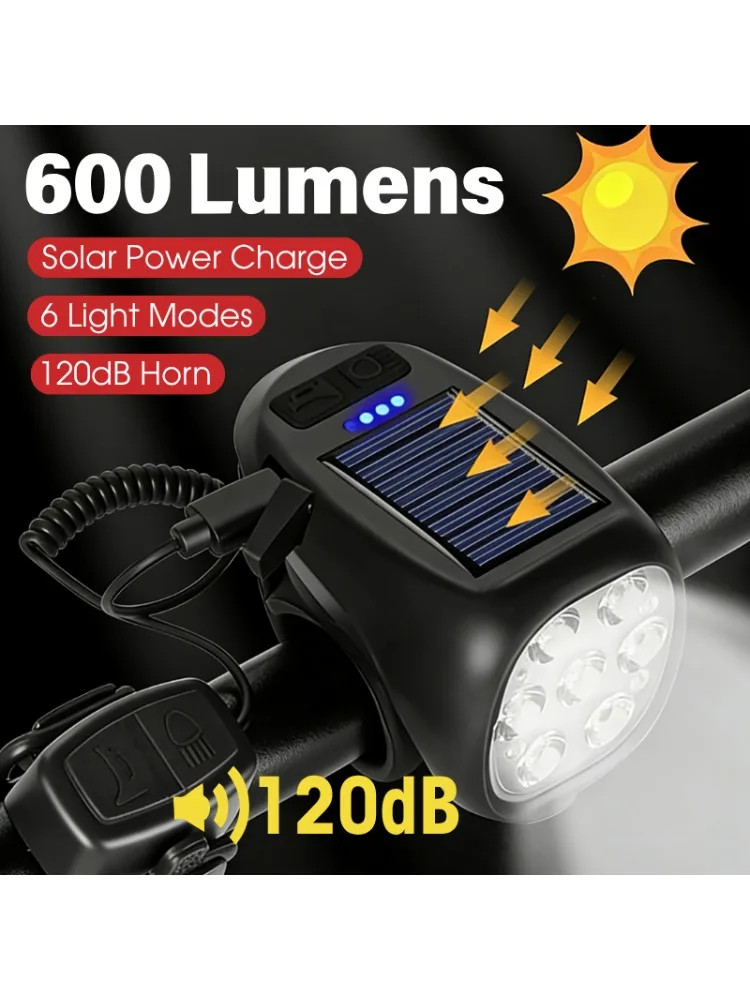 AliExpress BUCKLOS Bike Solar Lights 7 LED with Horn 120DB Bicycle Headlight Type-C Rechargeable Front Lamp Cycling Bells Highlight Light