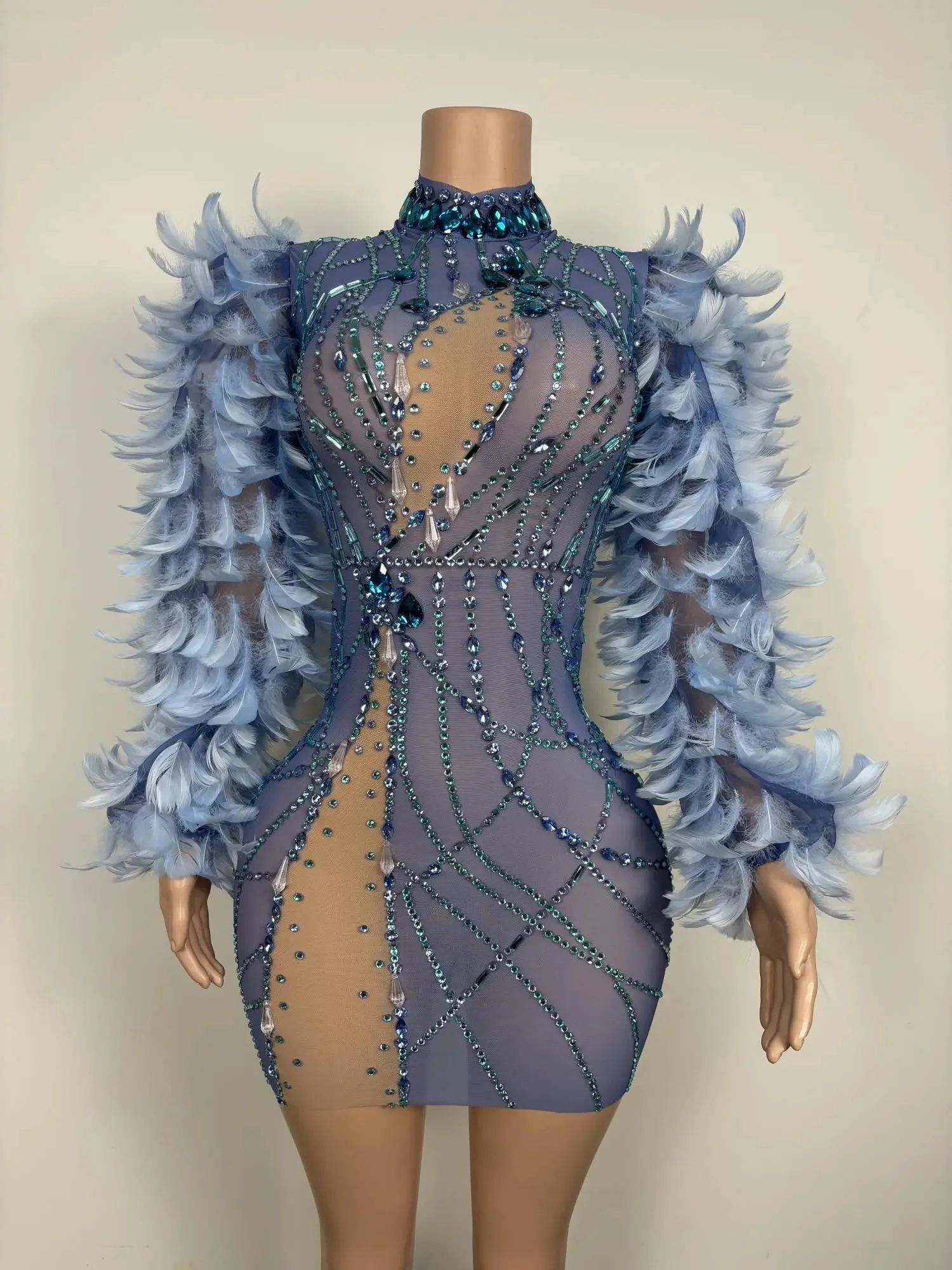 Sexy See Through Crystals Women Birthday Party Gowns Handmade Blue Feather Sleeve Black Girls Stage Show Short Mini Prom Skirts