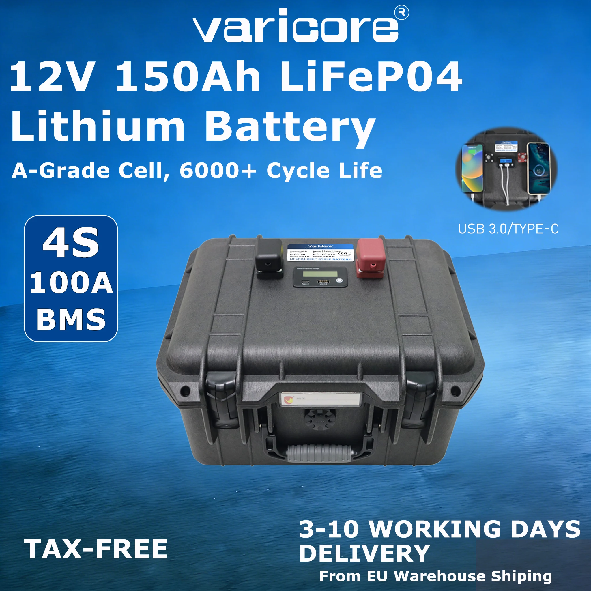 Varicore 12V 150Ah LiFePO4 Deep Cycle Accu, Graad A Lithium IJzer Fosfaat voor Boot, Camper, Zonne-energie, Elektrische Bootmotor