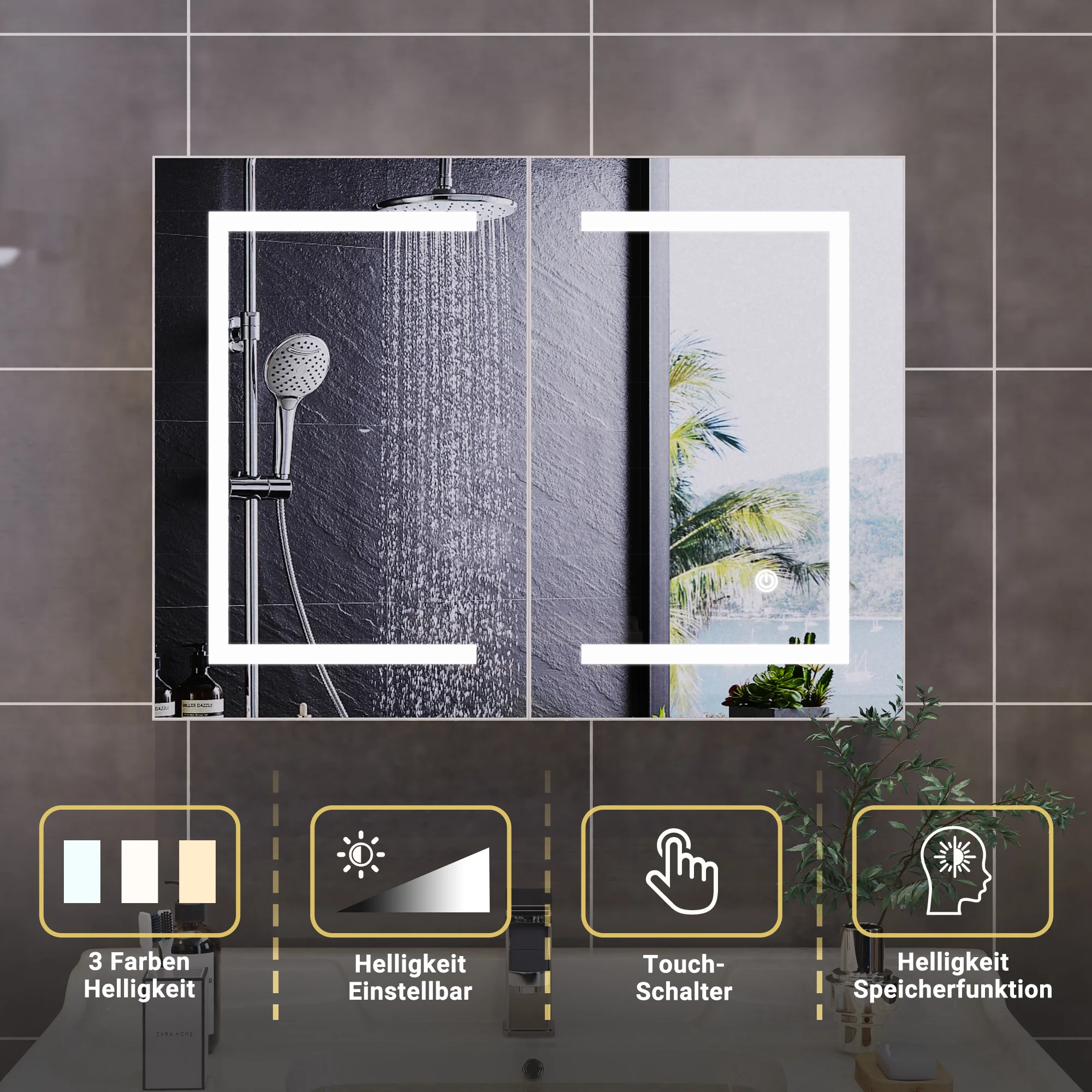 Pensile con specchio e LED, 60x80x14, Mobiletto a specchio con doppia anta, mobiletto a specchio con ripiano regolabile