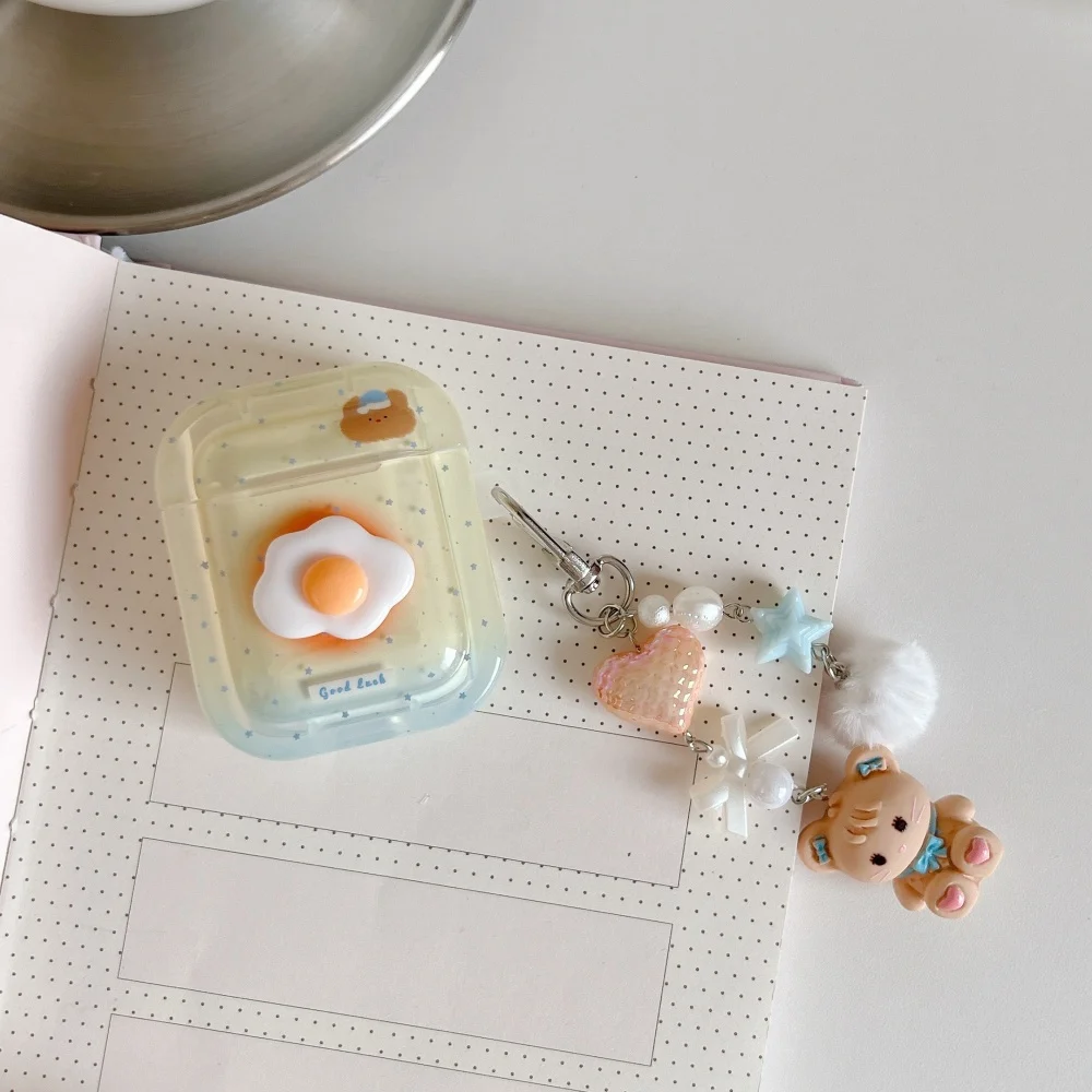 

Cute fried egg bear headphone protective case, suitable for AirPods 4/3/2 Pro/2/4, with pendant, cute new protective case