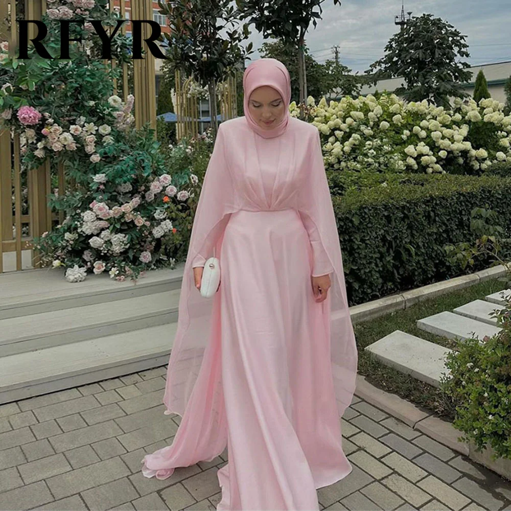 

RFYR Pink Arabic Muslim Evening Dress Cape Chiffon Robes De Soirée Women Robe Femme Musulmane Vestidos De Fiesta Customized