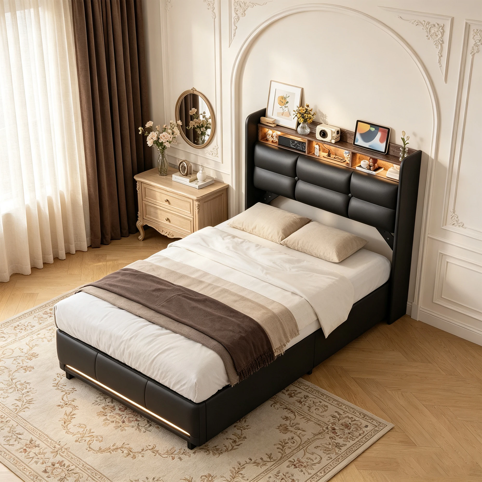 Letto imbottito Anajqaqia 90x200 cm con vano contenitore, letto matrimoniale, testiera con vano contenitore, letto con meccanismo idraulico e vano contenitore, letto per ragazzi, rivestimento in PU,