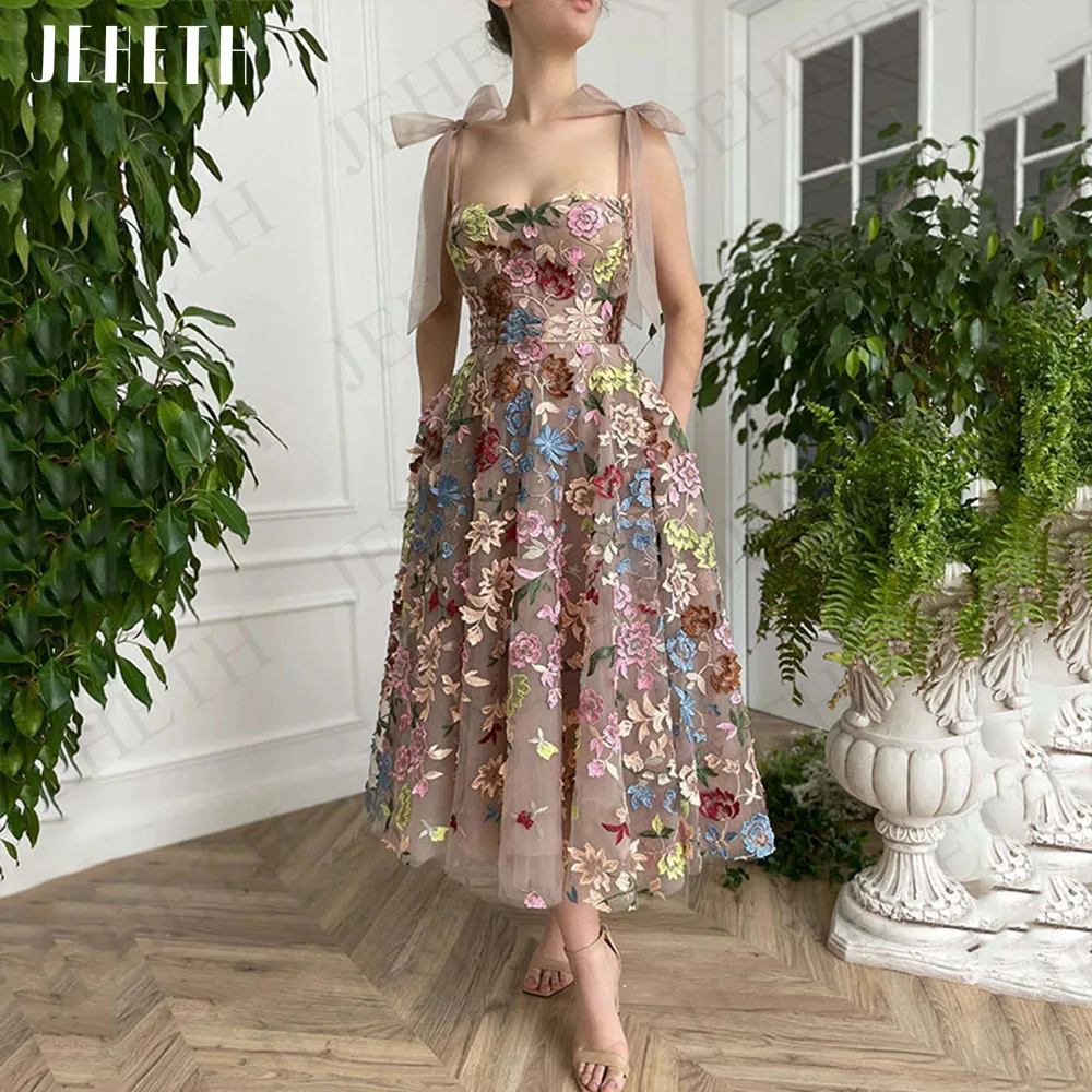 JEHETH Prom Dress For Women 2023 Vintage Party Flowers Lace Formal A Line Tea Length Evening Gowns Birthday Vestidos De Gala