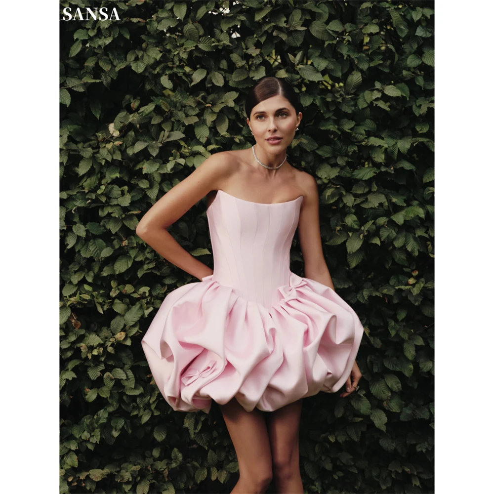 

Sansa Customized Strapless Pink A-line Bow Corset Prom Dresses Sleeveless Bubble Hem Vestidos De Noche Short Formal Evening 2026