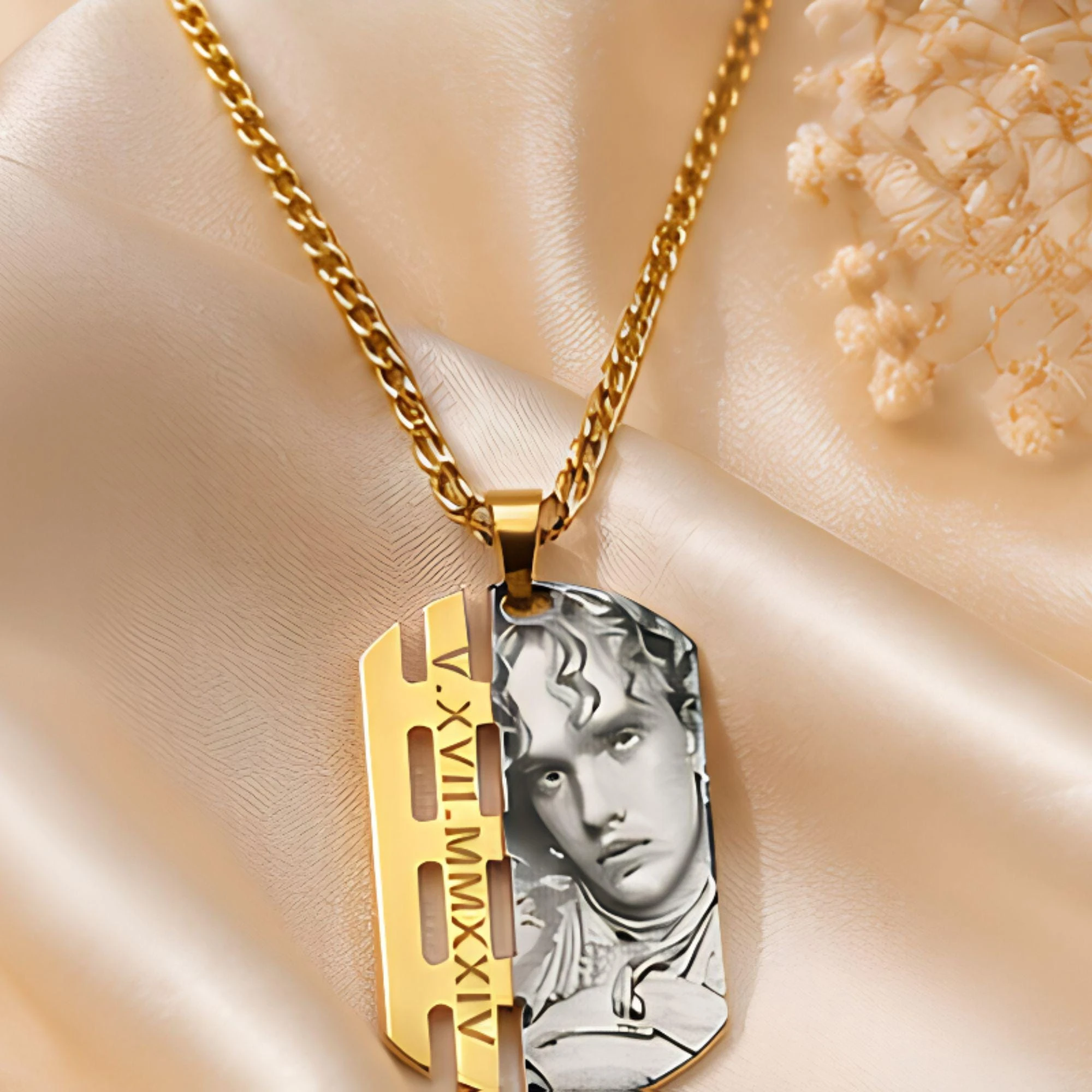 Custom Photo Dog Tag Necklace Stainless Steel Split Pendant Engraved Roman Numerals Memorial Jewelry Gift for Men Women