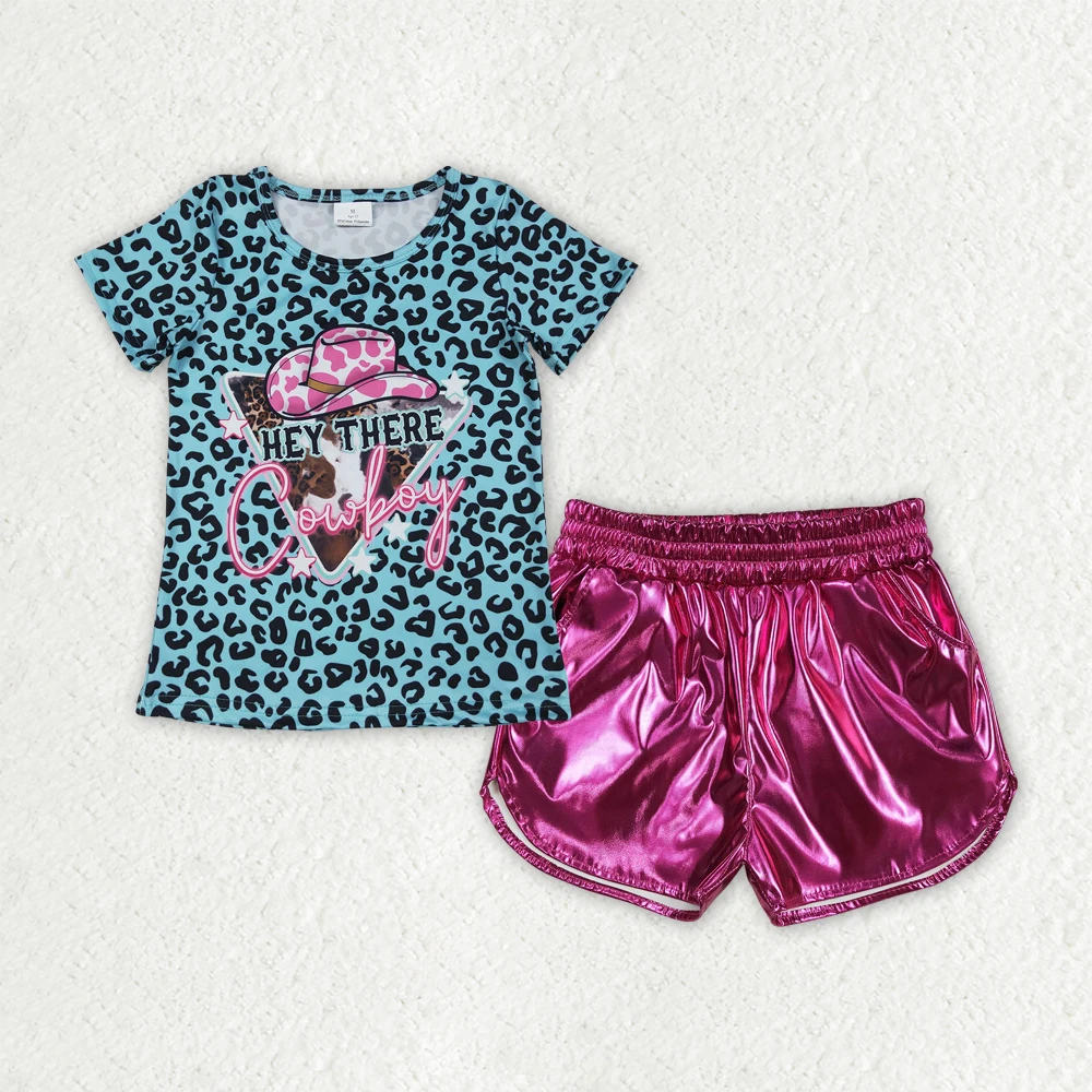 

New Fashion Baby Girls Blue Leopard Cowboy Tops Hot Pink Leather Shorts Clothes Sets Wholesale Boutique Children Clothes Set