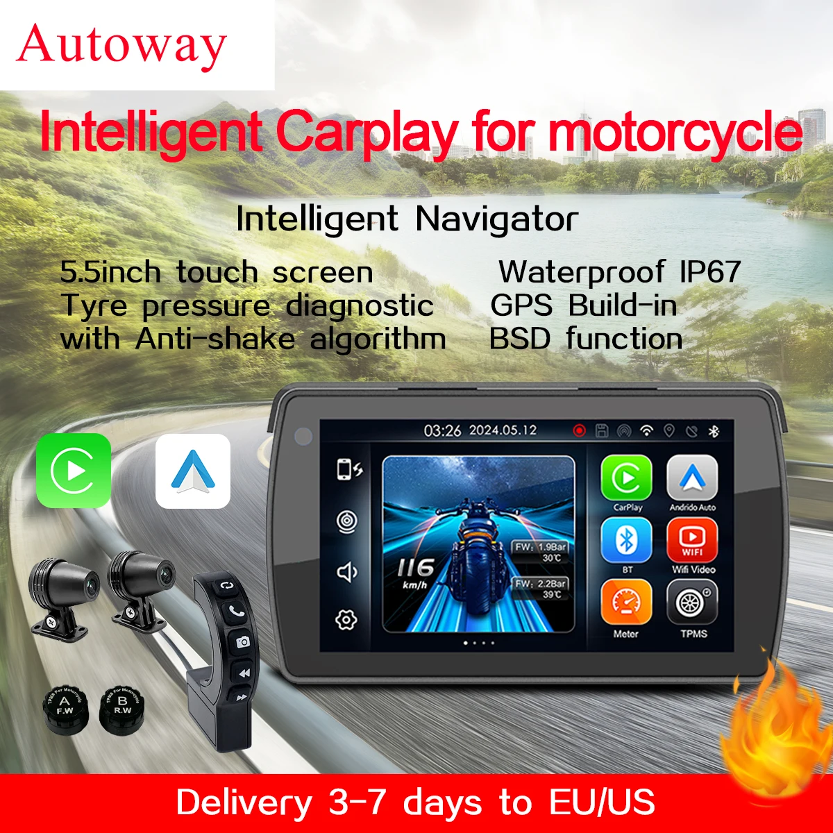 

Autoway Private Model Waterproof Wireless Carplay for Motorcycle 5.5'' Touch Screen BSD Android Auto with GPS TMPS Cameras