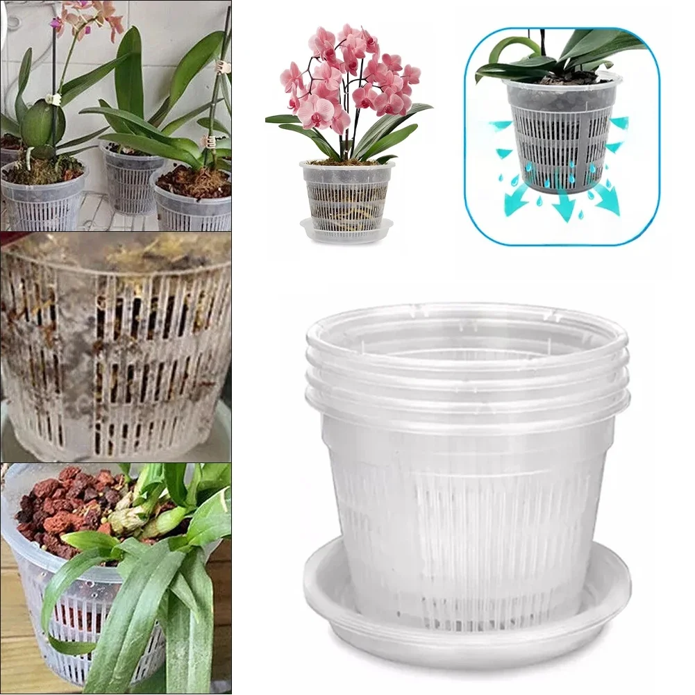 Pots de pépinière transparents, Pot de plantation de jardin, Pot d'orchidée avec soucoupes, Pot en plastique respirant avec plateau, Pot de repérage avec trous, 5 pièces
