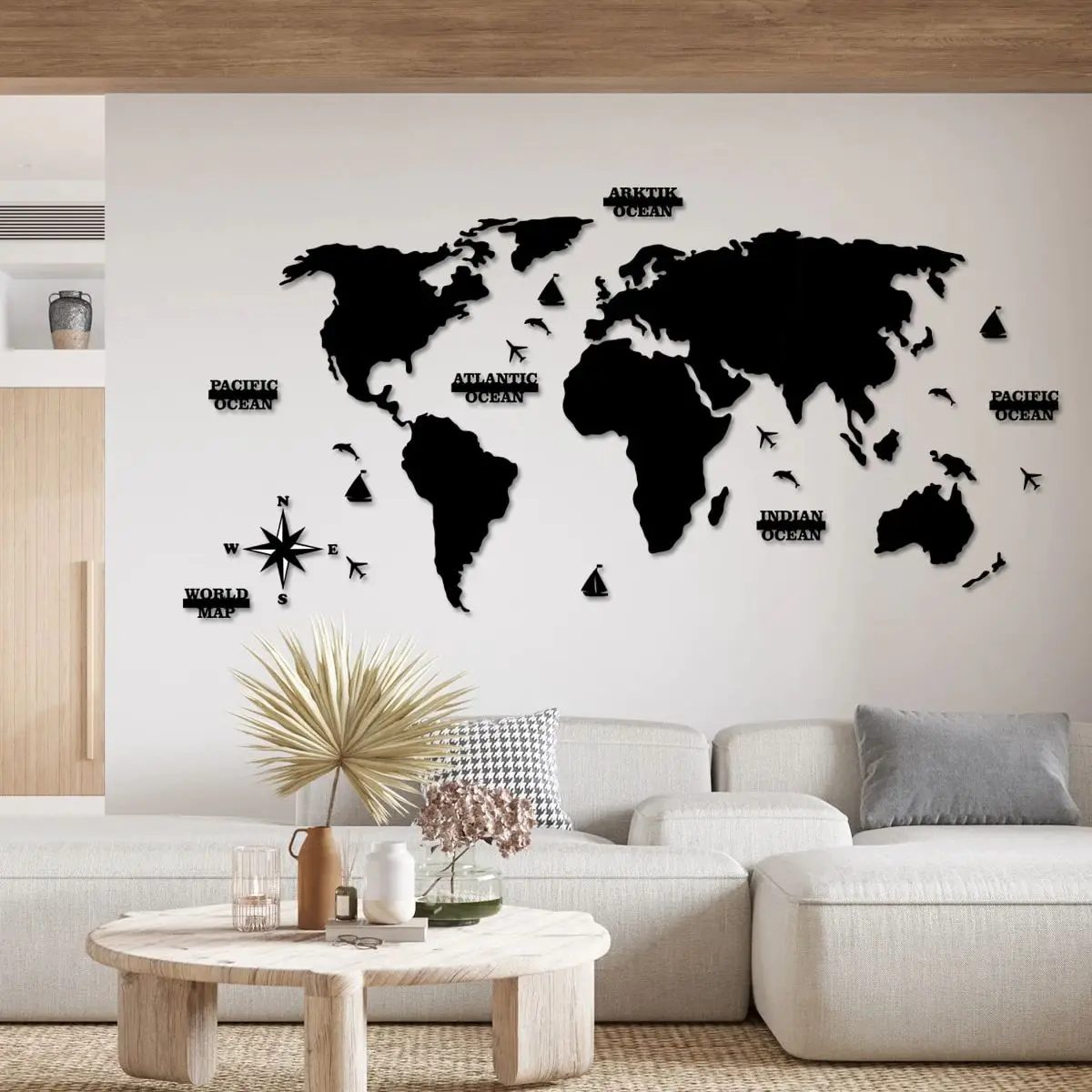 2D Decorative Wooden World Map Wall Decoration for Home Office Living Room Black World Map Wall Decoration and Accessory