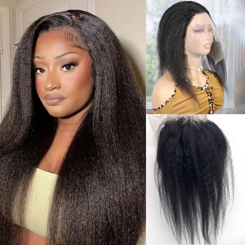 

Кудрявый прямой парик 13x6, кружевная фронтальная часть, человеческие волосы - прямая свободная часть яки с регулируемым ремешком для женщин, естественный вид