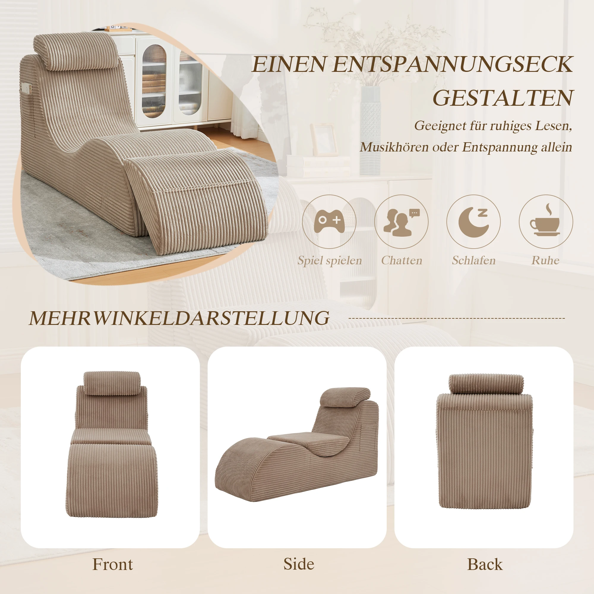Fauteuil lounge ergonomique moderne en velours côtelé |   Fauteuil inclinable en mousse avec coussin amovible et poche de rangement latérale, idéal pour le salon, la chambre et le balcon