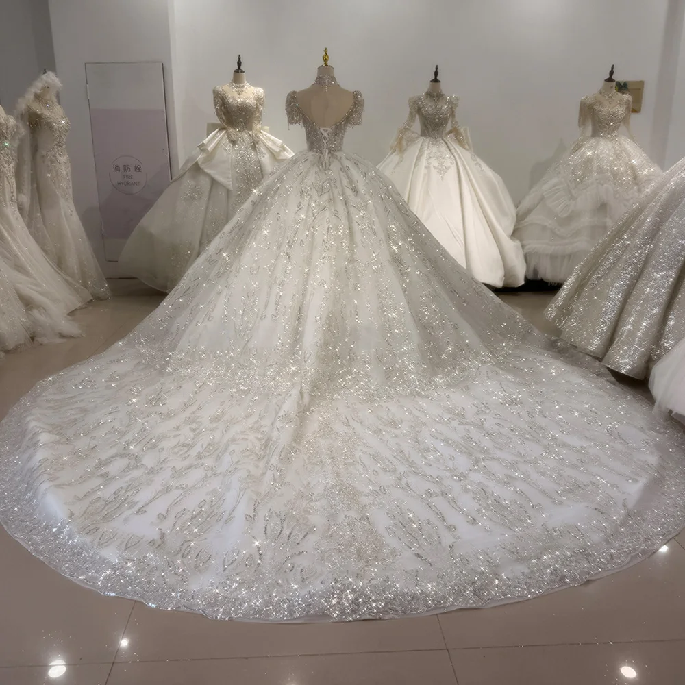 Luxury Short Sleeves Wedding Gowns Crystal Beading Lace Ball Gown Vestidos Noivas Casamento