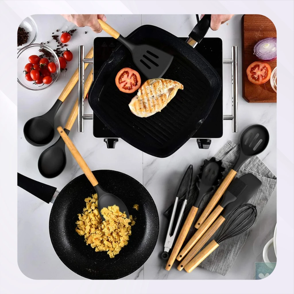 Kitchen Set Kit C/12 Pieces Non-stick Silicone Kitchen Utensils and Wood Cable