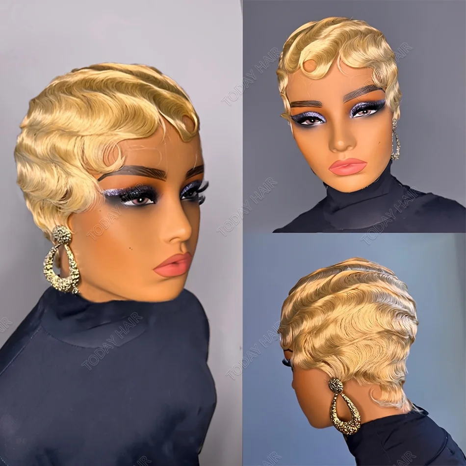 Farbton 99J # 27 braune kurze Pixie-Cut-Perücken für schwarze Frauen, Mommy-Perücke, brasilianische Echthaar-Perücken, Finger-Ocean-Wave-Perücke aus Echthaar – Detail 2