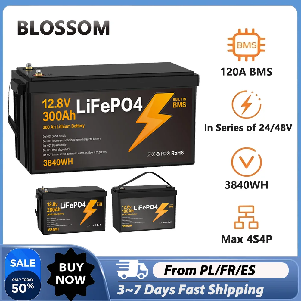 Batterie LiFePO4 au phosphate de fer et de lithium 12,8 V 300 Ah 3840 Wh, BMS intégré, cellules de qualité A+, 15 000 cycles profonds, large plage de températures, extensible 4P4S pour camping-car, système solaire, camping, bateau, stockage d'énergie hors réseau