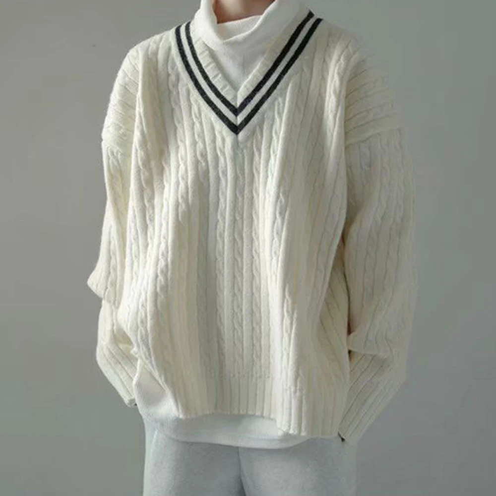 Mens College Style Knitted Sweater 2024 Spring New Genderless Fashion Temperament Retro Loose All-Match Knitted Sweater Unisex