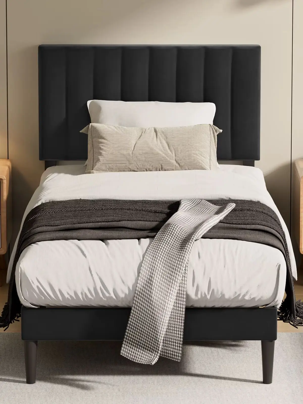 Einzelbett Polsterbett 90x200 cm Grauweiß – Bett mit verstellbarem Kopfteil & Lattenrost mit 12 Latten – Robustes Bettgestell für Jugendbett & Gästebett – Bis 260 kg belastbar