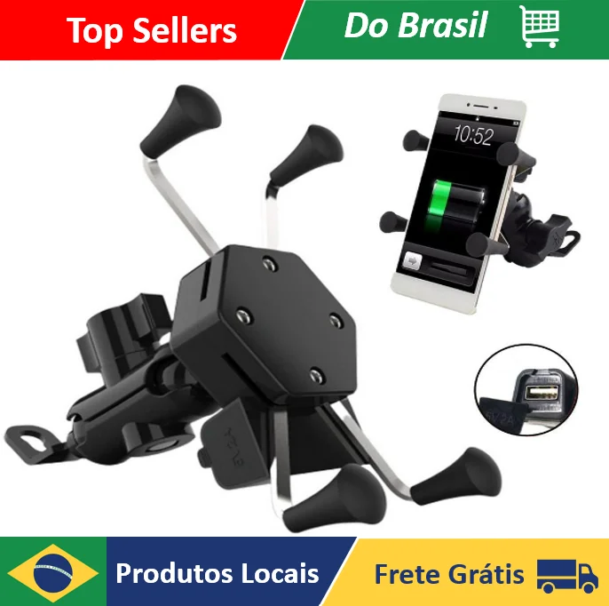 Suporte De celular para Moto Motocicleta com Carregador Usb Gps Articulado Pinca Aranha Aluminio