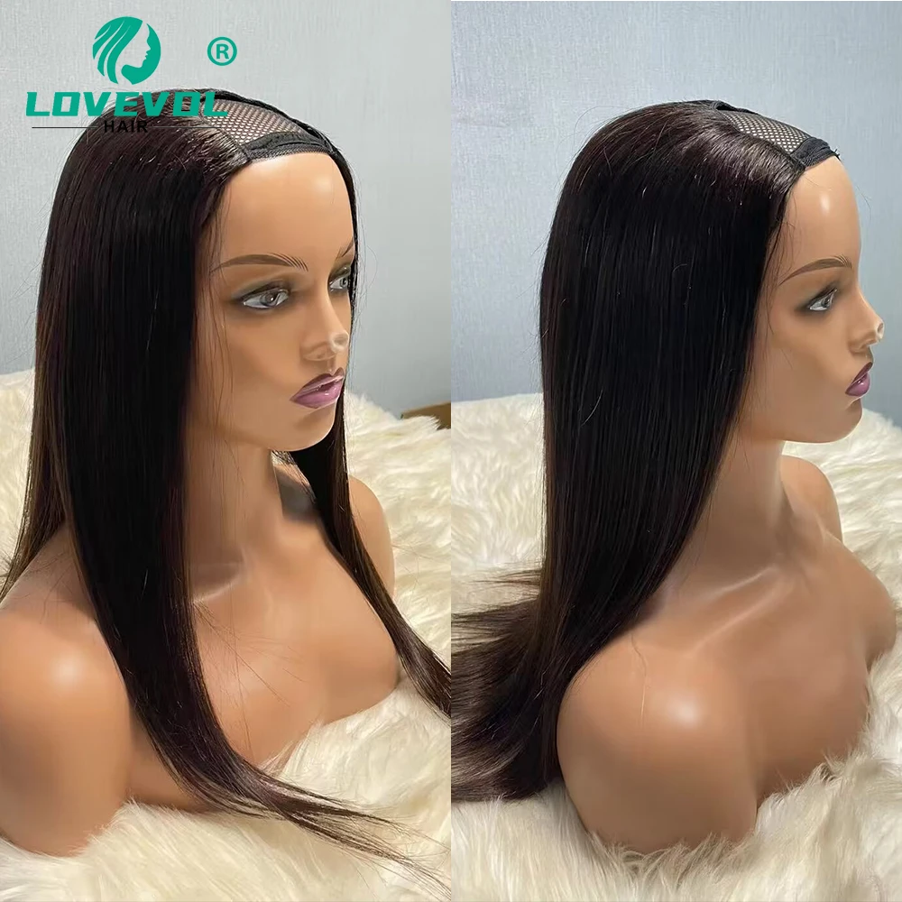 Lovevol-peluca recta con parte en U, 180 de densidad, mejora en forma de U, No cosida, con Clip, 100% de cabello humano