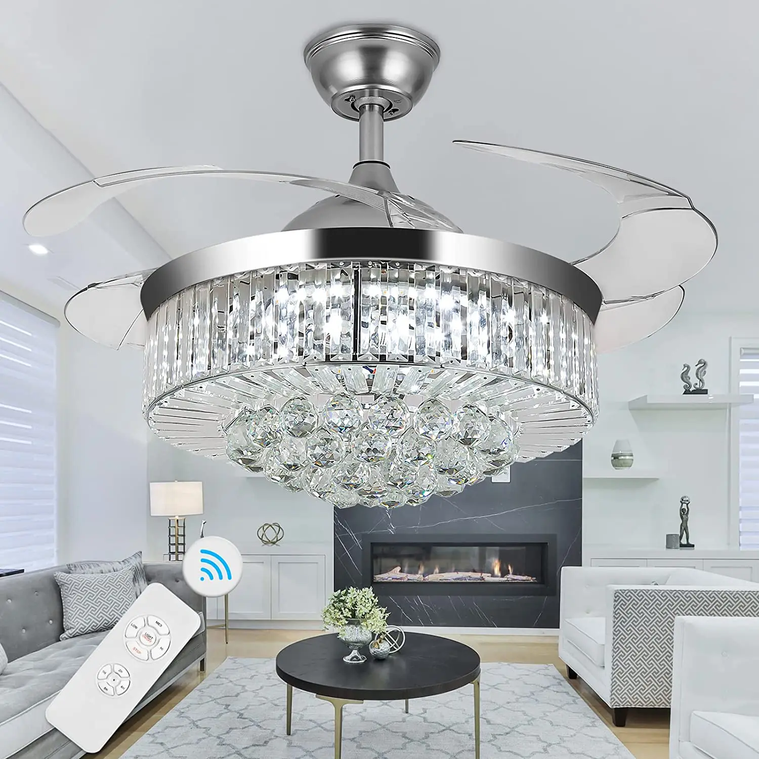 42"Invisible Ceiling Fan Chandelier Light,Modern Crystal Ceiling Fan Light Remote Control 4 Retractable ABS Blades For Bedroom