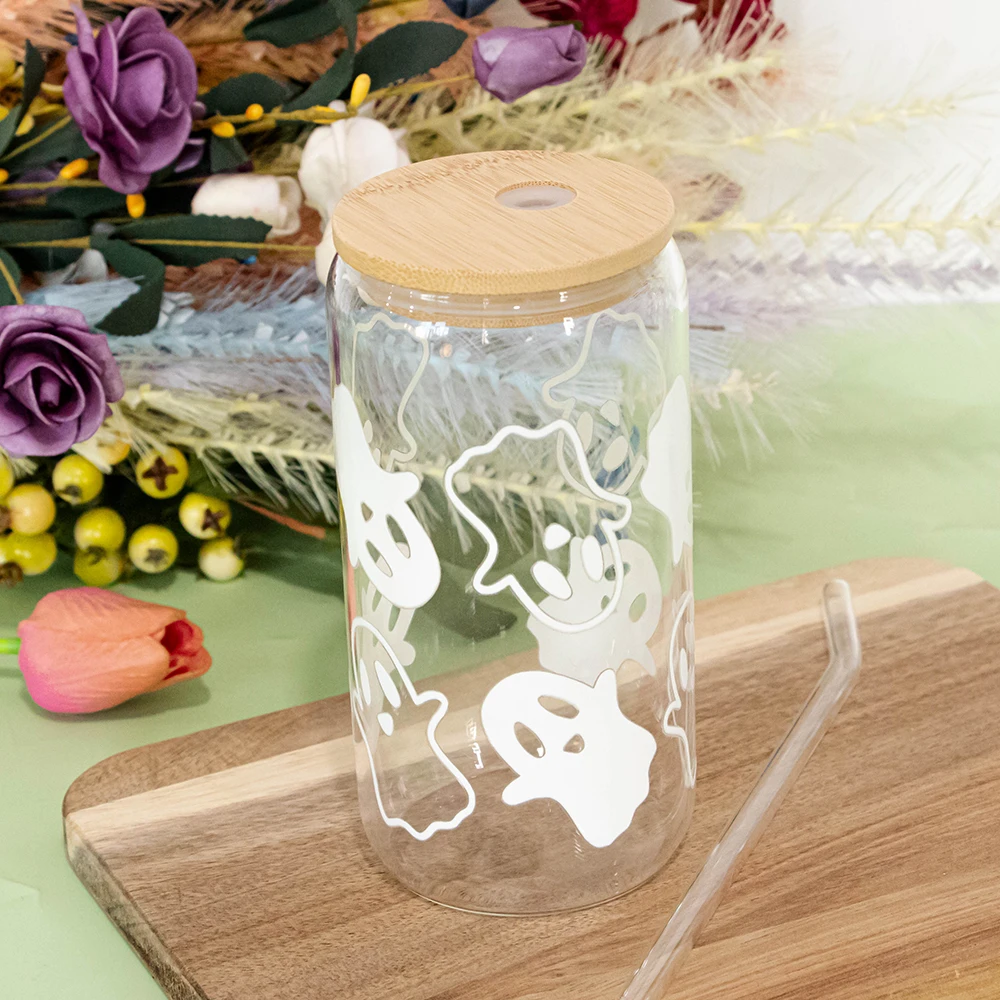 Mugs Halloween Ghost Decoration Spooky Ghost Glass Cup with Lid Straw Tumbler Iced Coffee Glassware Birthday Gift Kitchen Stuff view 4