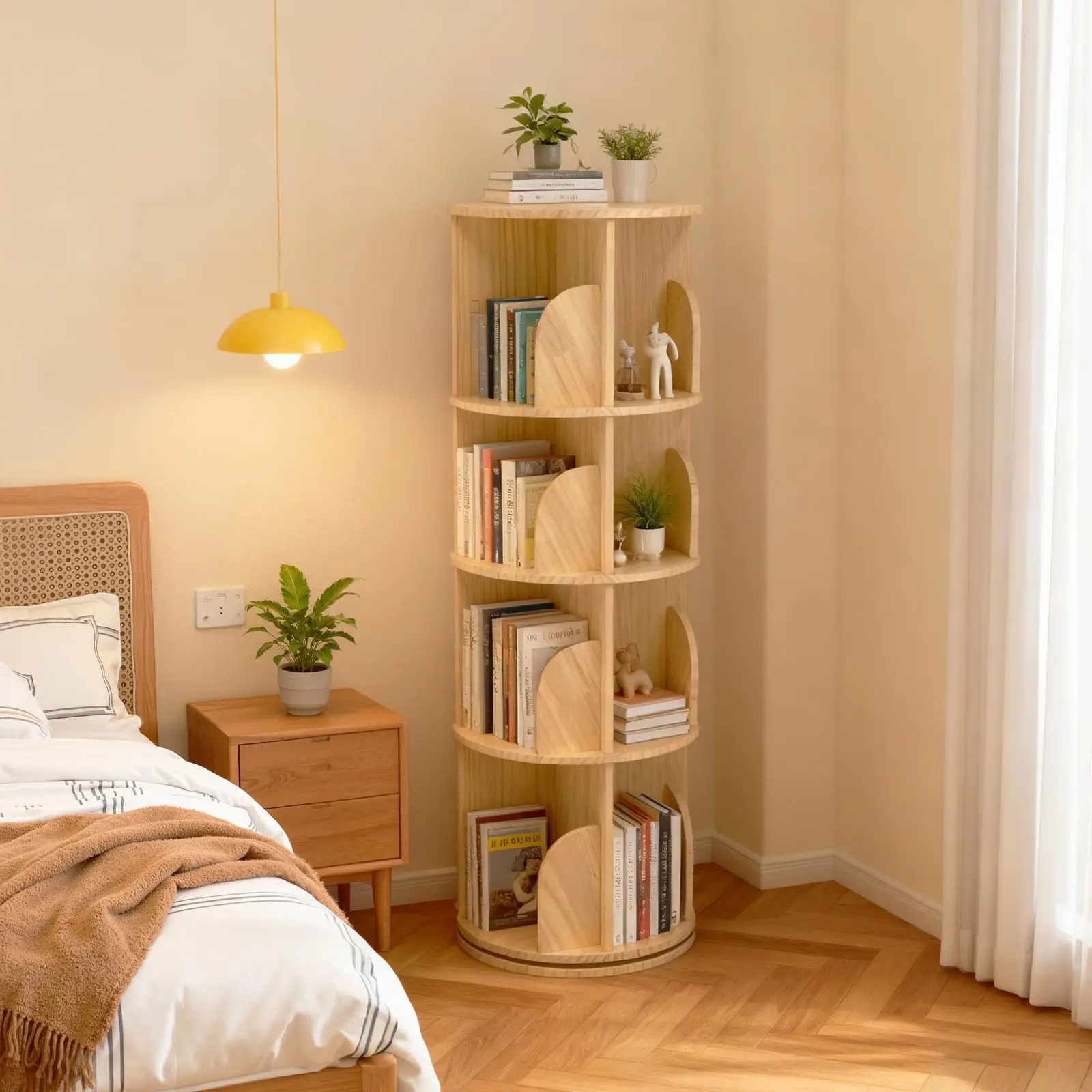Étagère rotative, étagère autoportante en bois massif, support pivotant, étagère de bureau, étagère décorative, 360° °   librement rotatif sur 4 niveaux, Ø39cm, H 129cm, bibliothèque, classeur rond pour chambre d'enfant, chambre à coucher