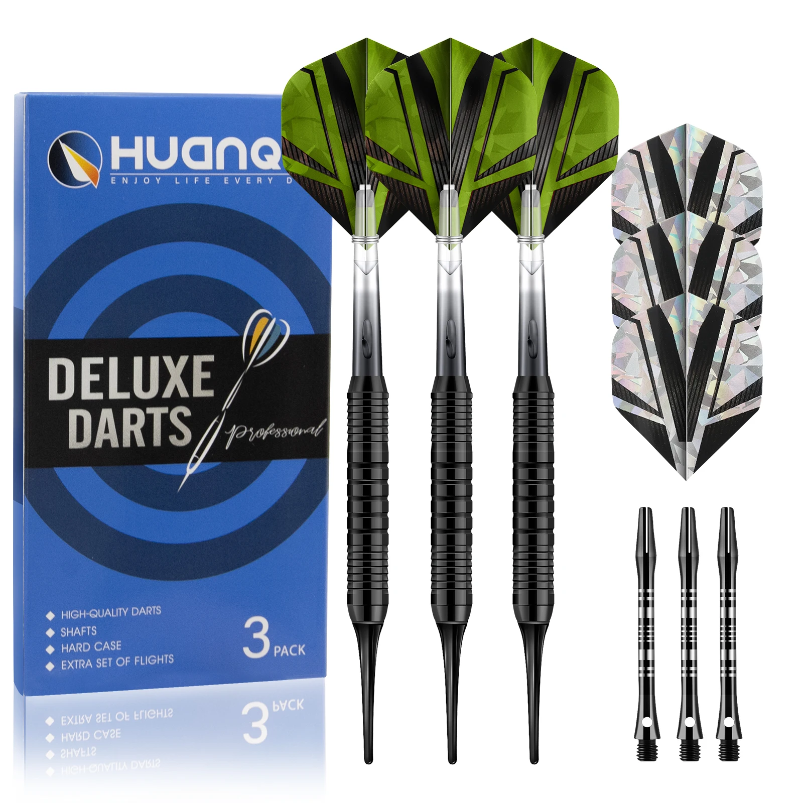 Huanqu Universal Iron Dart Set Professional Soft Tip Darts 3 Complete Darts Extra 3 Sets of Dart Shafts and Flights and 10 Replaceable Tips Hard Protective Case Indoor and Outdoor Leisure Competition Bar Family Entertainment Competition Training Game Sports Equipment Set Perfect Holiday Gift