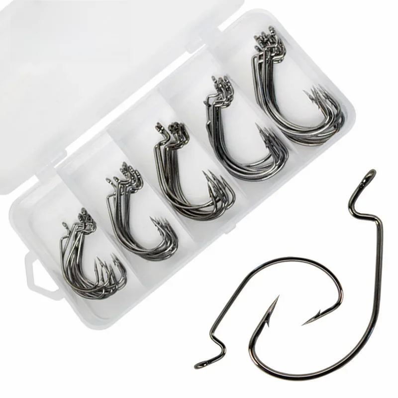 50-teiliges Kurbelhaken-Set 8 # -3/0 Angelhaken Salzwasser Soft Worm Lure Wide Gap Offset Angelhaken Jig Angelhaken für Karpfen Hecht mit Box